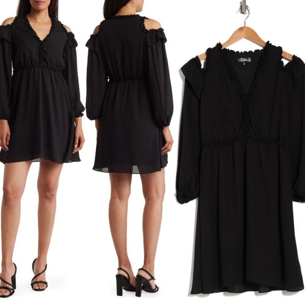 Nicole Miller Black Ruffle Cold Shoulder Long Sleeve Dress Size 12 New